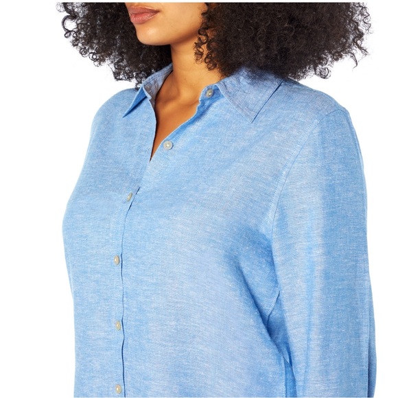 NWT Orvis long sleeve blue linen and rayon top roll cuff with buttons size large - Picture 4 of 9